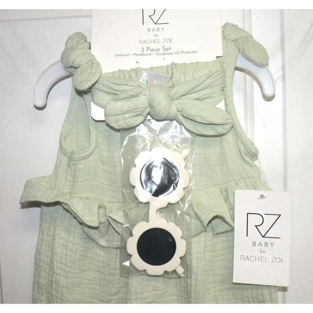 Rachel Zoe Baby‎ 3 Piece Set Jumpsuit Headband UV Sunglasses in Green 0-3Mths